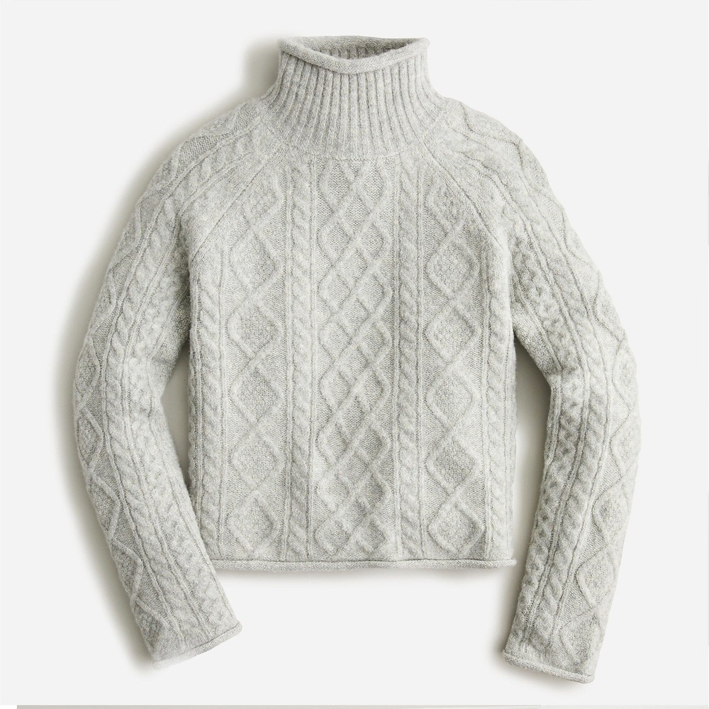 J.Crew Womens Cable Knit Mock Neck Sweater S Light Blue Coastal Preppy Fisherman